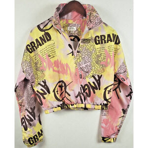 Urban Y2K Cropped High Collar Windbreaker AOP Graffiti Streetwear Festival Sz S